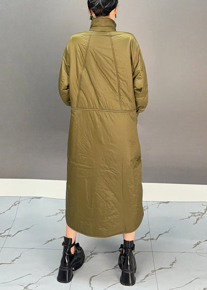 Green Turtleneck Pockets Button Low High Design Thick Parka Winter