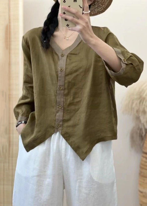 Green V Neck Asymmetrical Patchwork Linen Shirt Summer