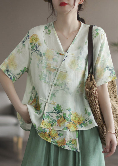Green V Neck Asymmetrical Print Button Linen Shirts Short Sleeve