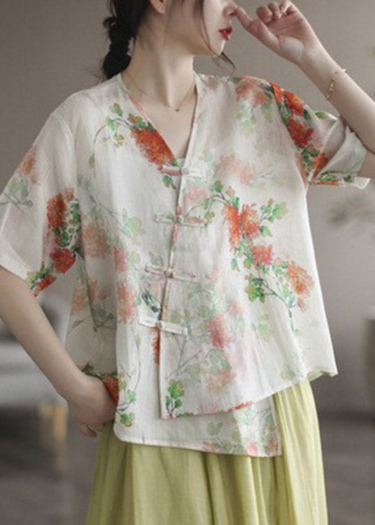 Green V Neck Asymmetrical Print Button Linen Shirts Short Sleeve