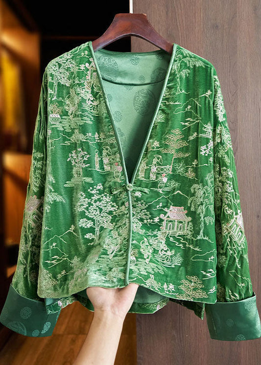 Green V Neck Embroideried Button Silk Velour Coats Fall