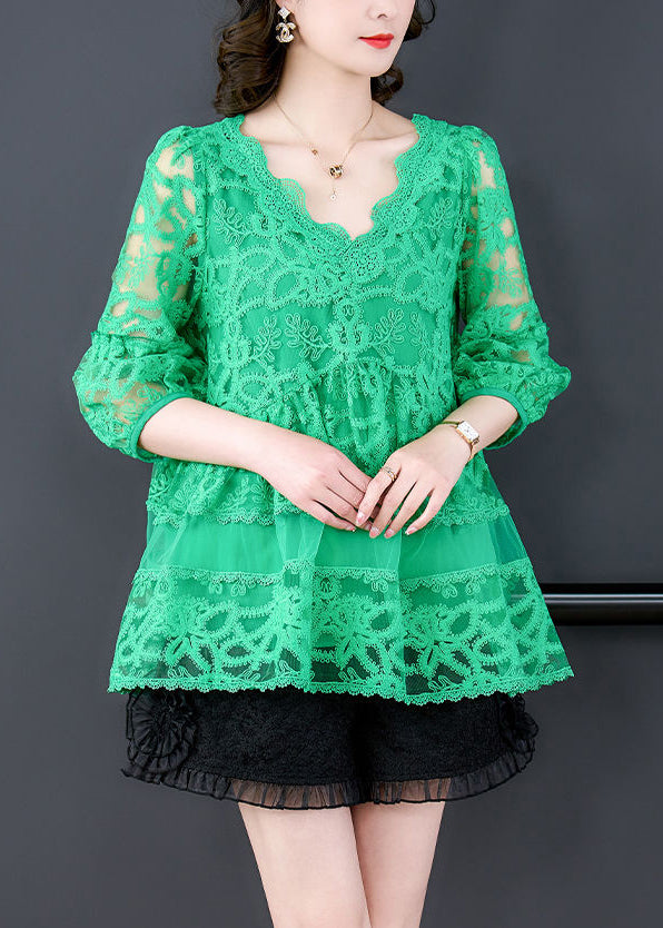 Green V Neck Embroideried Tulle Shirt Bracelet Sleeve