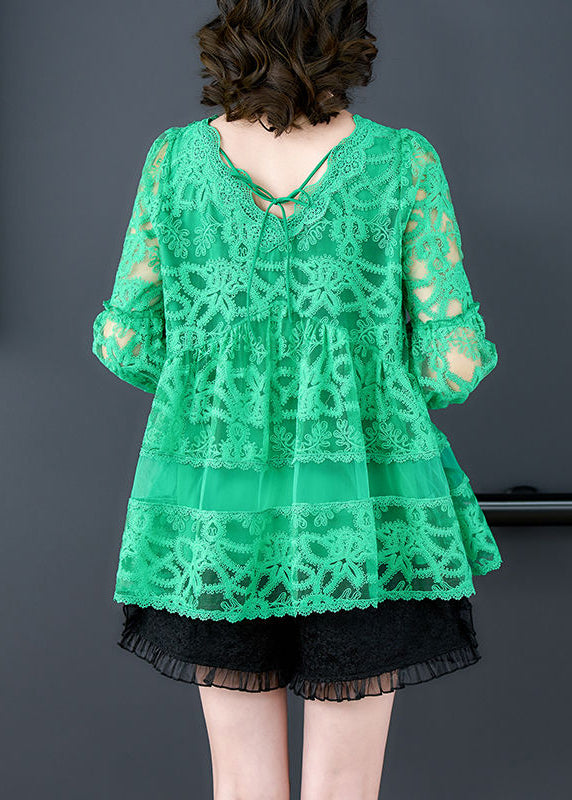 Green V Neck Embroideried Tulle Shirt Bracelet Sleeve