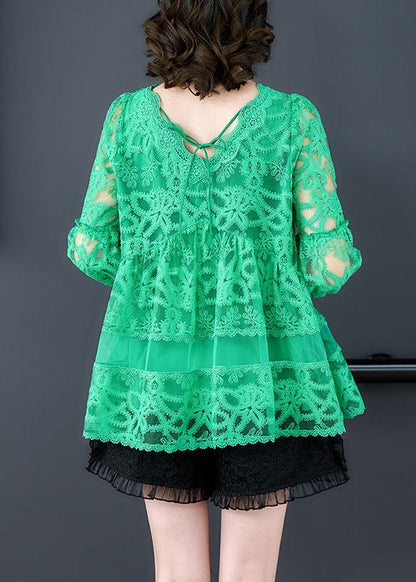 Green V Neck Embroideried Tulle Shirt Bracelet Sleeve