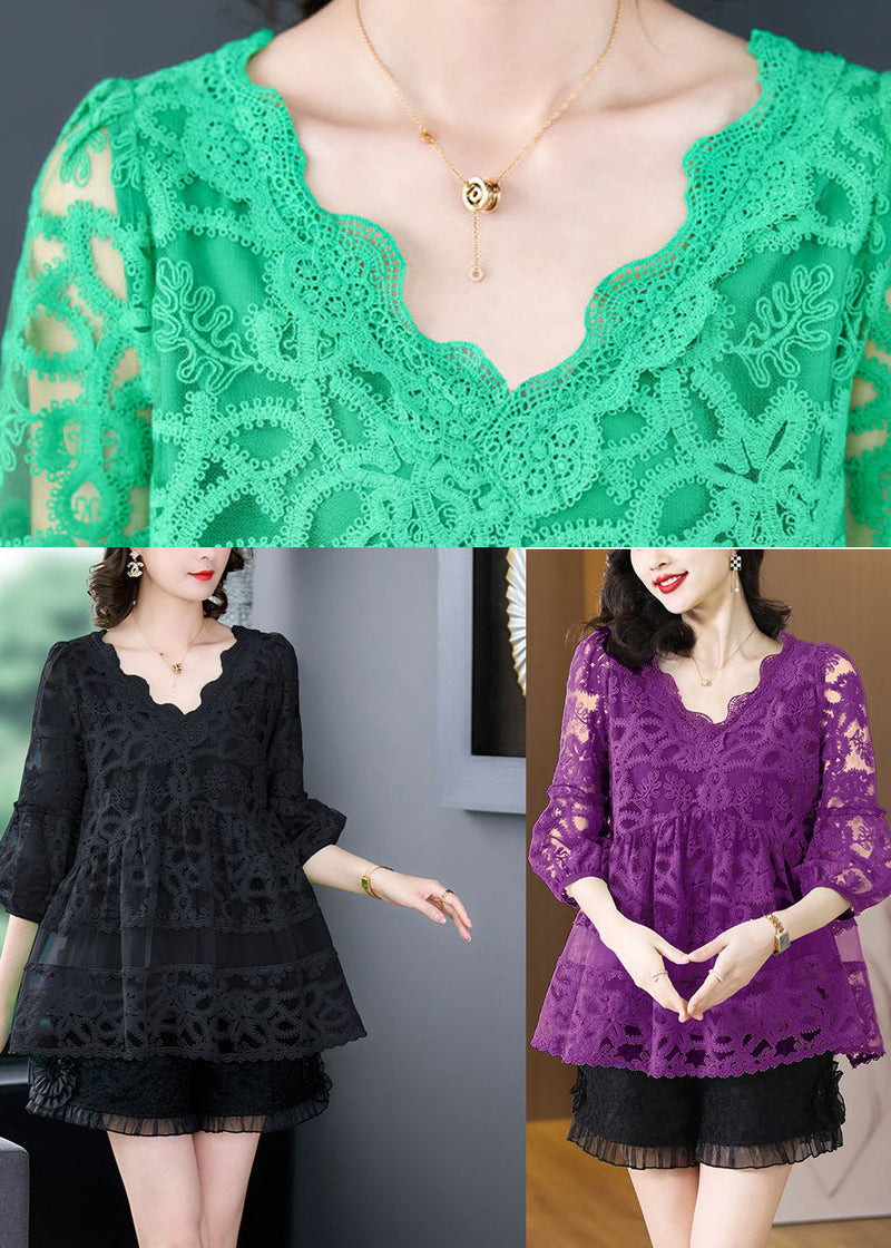Green V Neck Embroideried Tulle Shirt Bracelet Sleeve