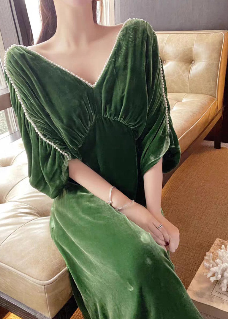 Green V Neck Nail Bead Tunic Velour Maxi Dress Half Sleeve