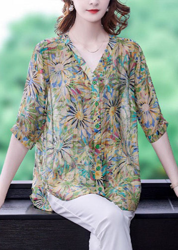 Green V Neck Oversized Print Chiffon Shirt Tops Half Sleeve