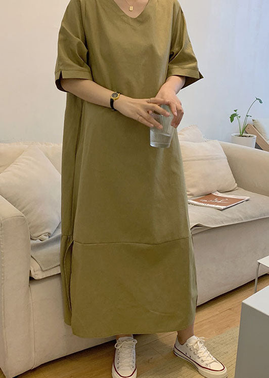 Green V Neck Patchwork Wrinkled Cotton Dress Short Sleeve