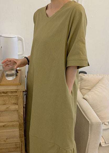 Green V Neck Patchwork Wrinkled Cotton Dress Short Sleeve