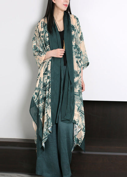 Green V Neck Print Slik Holiday Sunscreen Cardigan Long Sleeve