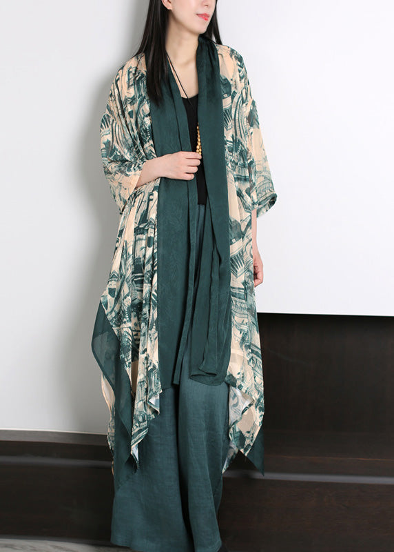 Green V Neck Print Slik Holiday Sunscreen Cardigan Long Sleeve