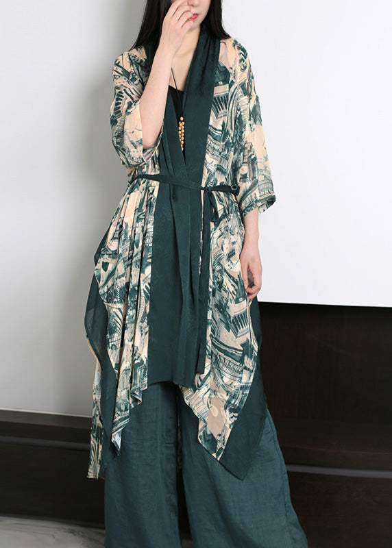 Green V Neck Print Slik Holiday Sunscreen Cardigan Long Sleeve