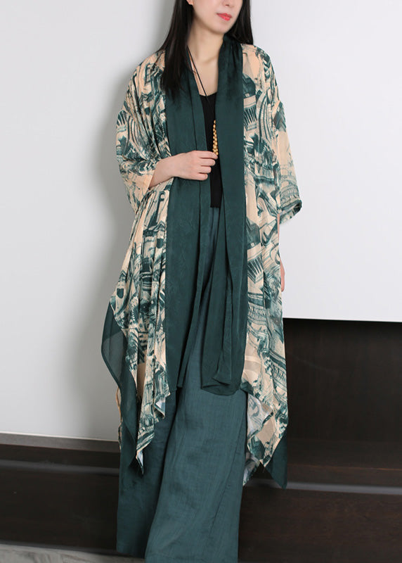 Green V Neck Print Slik Holiday Sunscreen Cardigan Long Sleeve