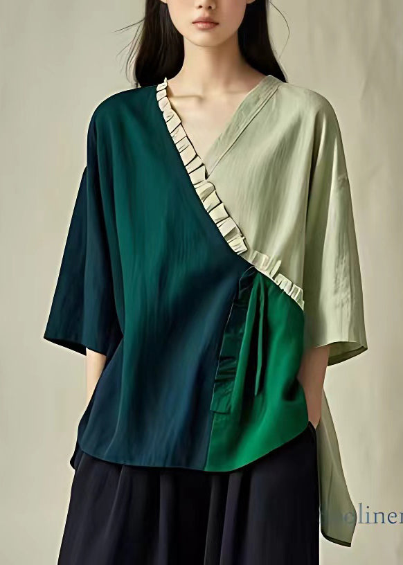 Green V Neck Ruffled Patchwork Shirts Summer