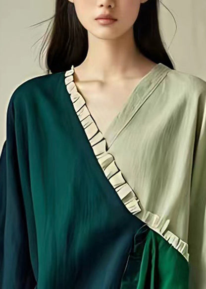 Green V Neck Ruffled Patchwork Shirts Summer