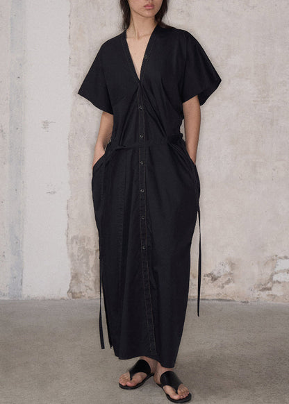 Green V Neck Side Open Cotton Long Dresses Summer