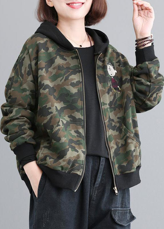 Green Zip Up Patchwork Camouflage Cotton Hoodies Outwear Fall