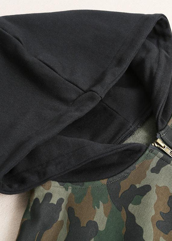 Green Zip Up Patchwork Camouflage Cotton Hoodies Outwear Fall