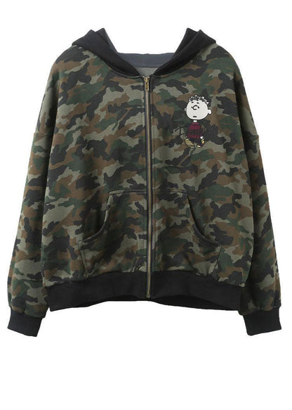 Green Zip Up Patchwork Camouflage Cotton Hoodies Outwear Fall