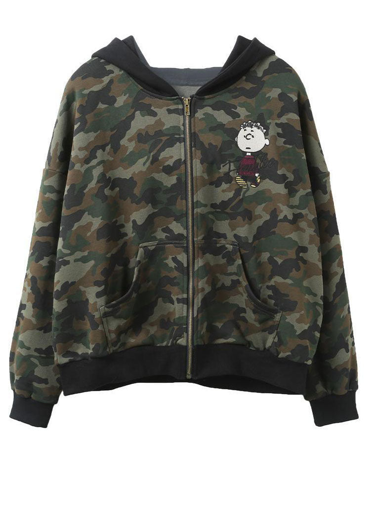 Green Zip Up Patchwork Camouflage Cotton Hoodies Outwear Fall