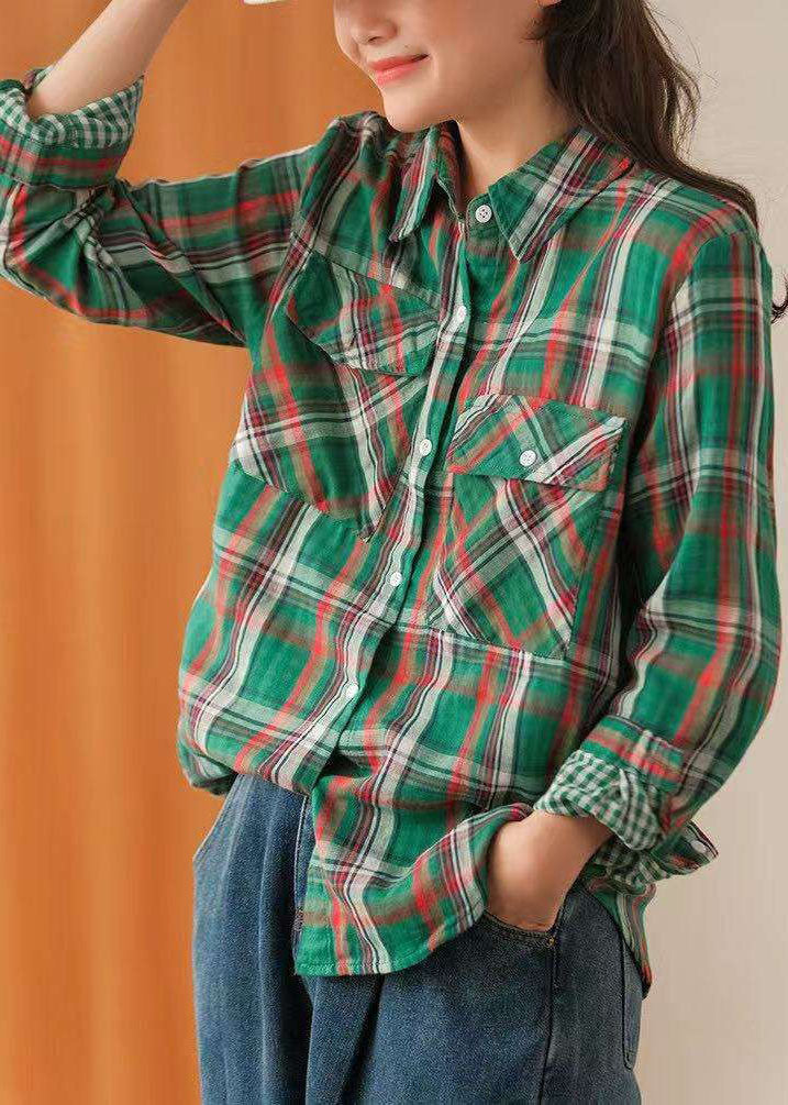 Green Button Peter Pan Collar Plaid Cotton Shirt Tops Spring
