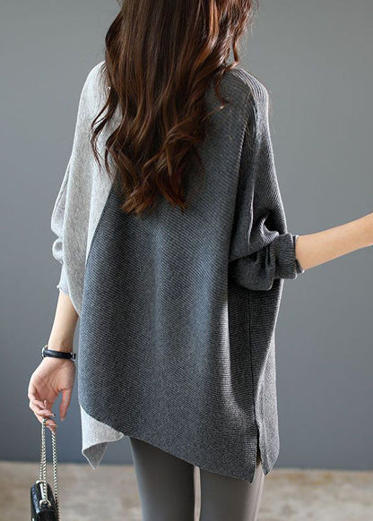 Grey Asymmetrical Patchwork Knit Shirt Winter