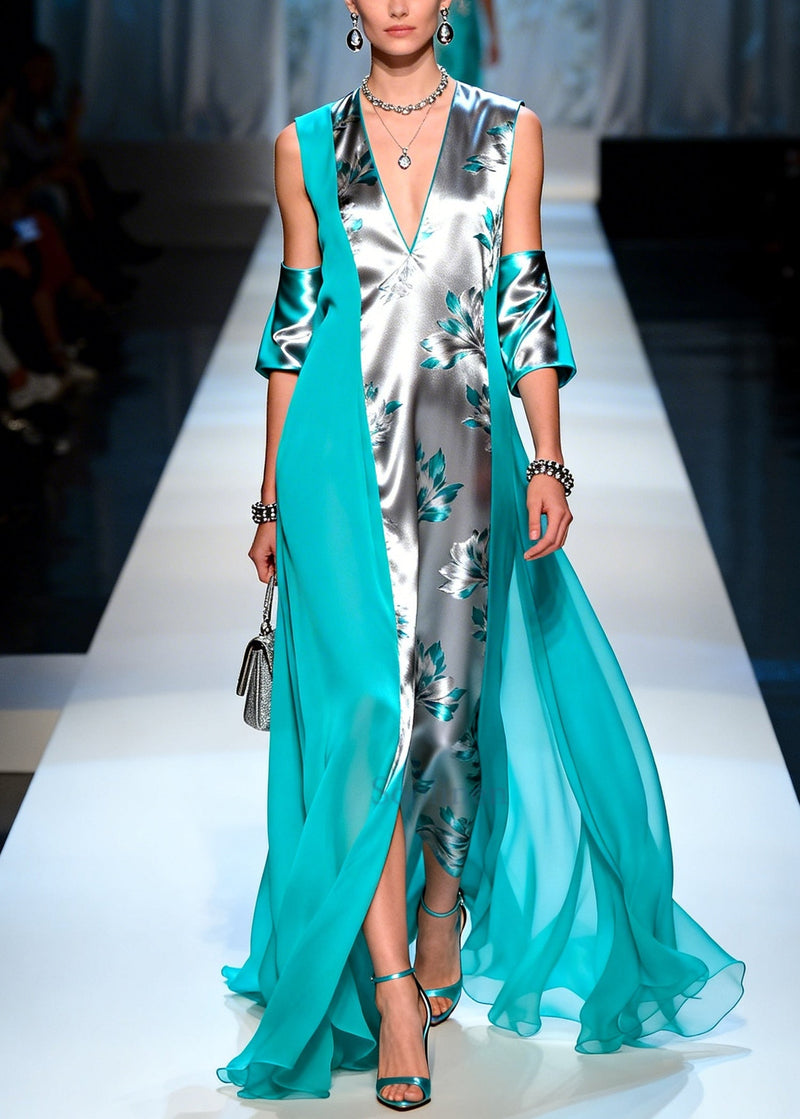 Grey Asymmetrical Patchwork Silk Maxi Dresses Summer
