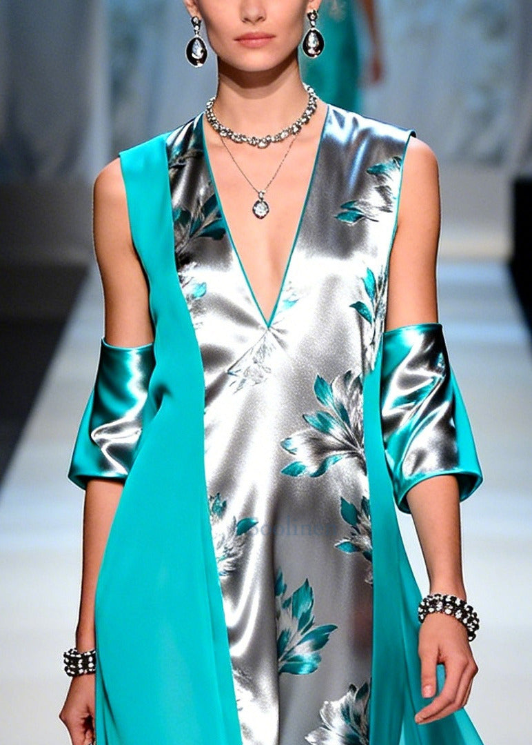 Grey Asymmetrical Patchwork Silk Maxi Dresses Summer