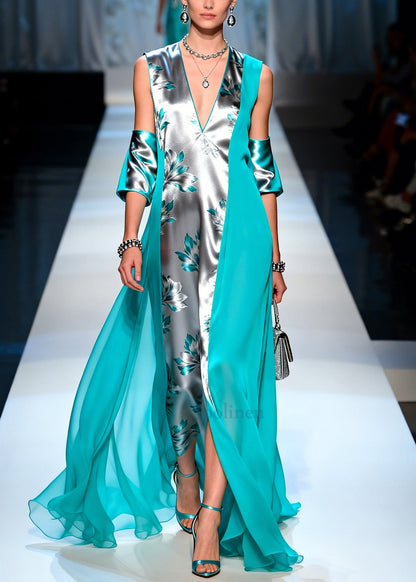 Grey Asymmetrical Patchwork Silk Maxi Dresses Summer