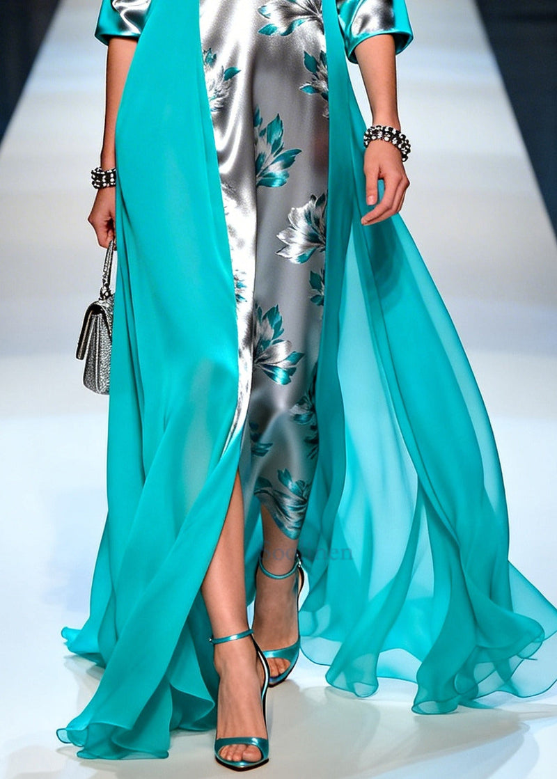 Grey Asymmetrical Patchwork Silk Maxi Dresses Summer
