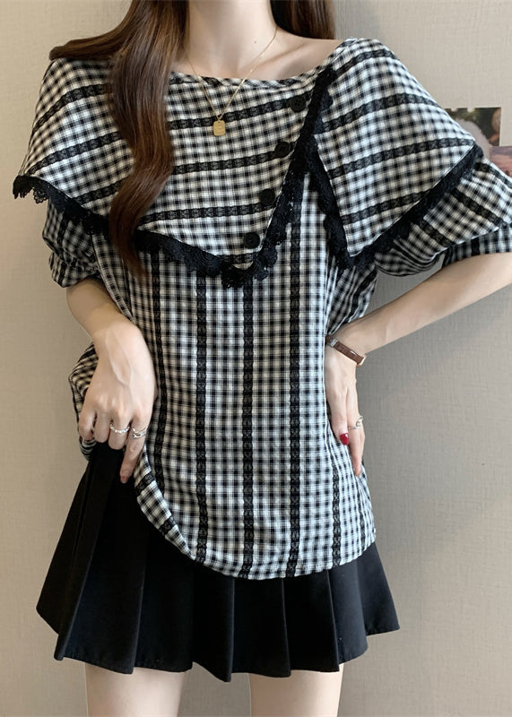 Grey Asymmetrical Plaid Cotton Shirts Summer