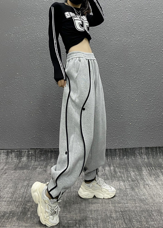 Grey Asymmetrical Pockets Elastic Waist Cotton Sport Pants Fall