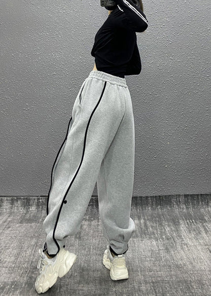 Grey Asymmetrical Pockets Elastic Waist Cotton Sport Pants Fall