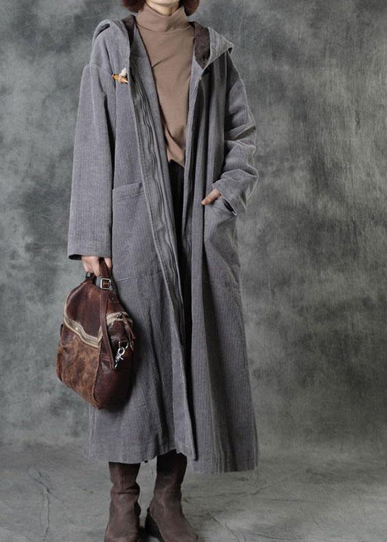 Grey Button Hooded Pockets Winter Cotton Parka Long Sleeve