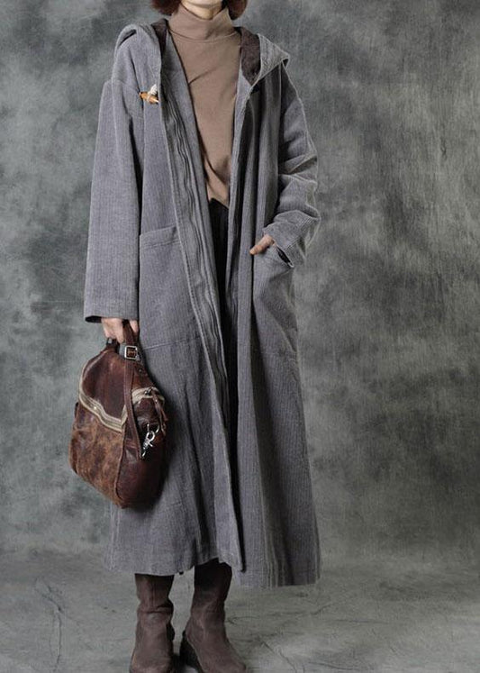 Grey Button Hooded Pockets Winter Cotton Parka Long Sleeve