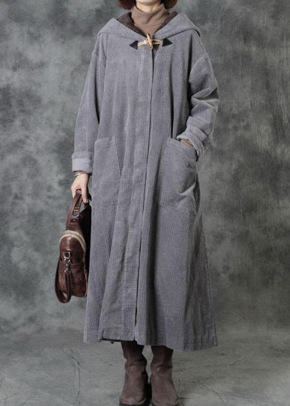 Grey Button Hooded Pockets Winter Cotton Parka Long Sleeve