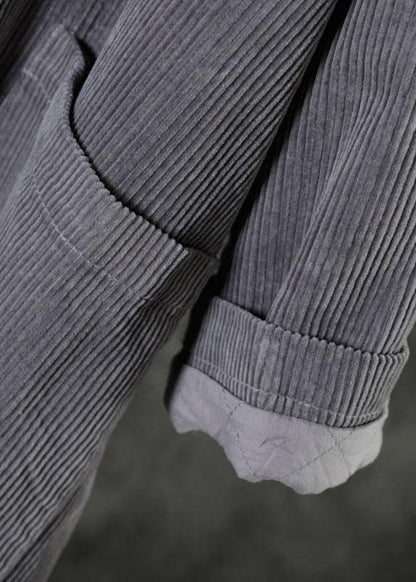 Grey Button Hooded Pockets Winter Cotton Parka Long Sleeve