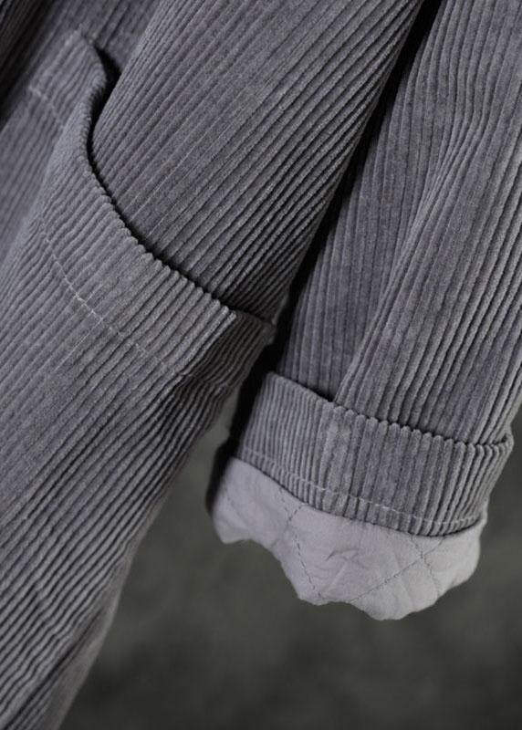 Grey Button Hooded Pockets Winter Cotton Parka Long Sleeve