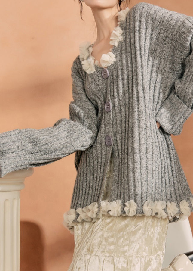 Grey Button Tulle Patchwork Cotton Knit Cardigan Spring