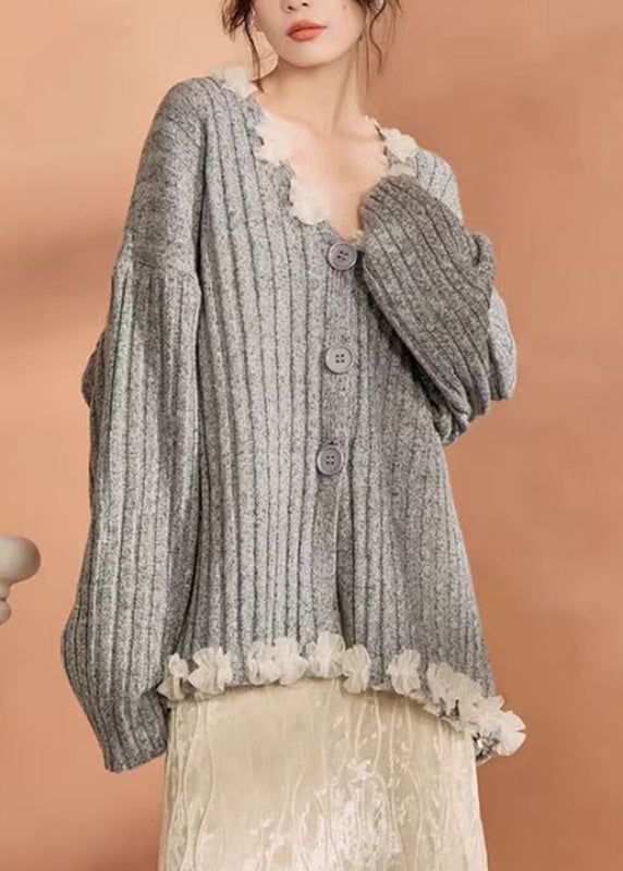 Grey Button Tulle Patchwork Cotton Knit Cardigan Spring