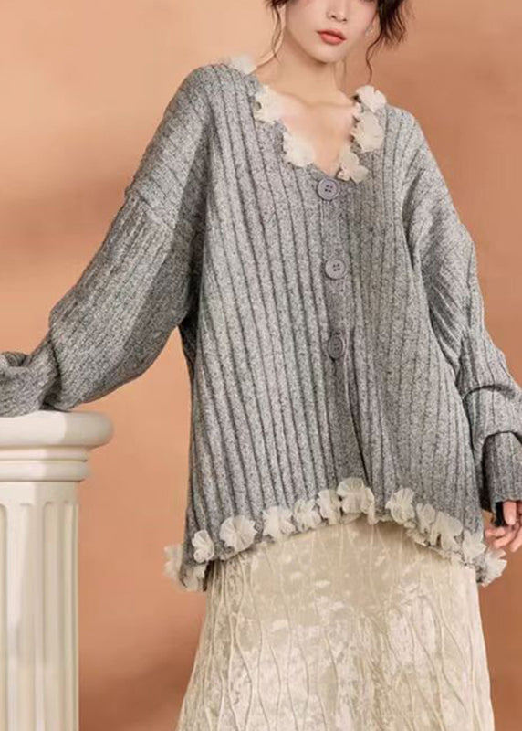 Grey Button Tulle Patchwork Cotton Knit Cardigan Spring