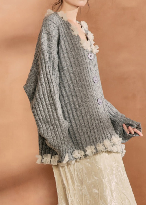 Grey Button Tulle Patchwork Cotton Knit Cardigan Spring