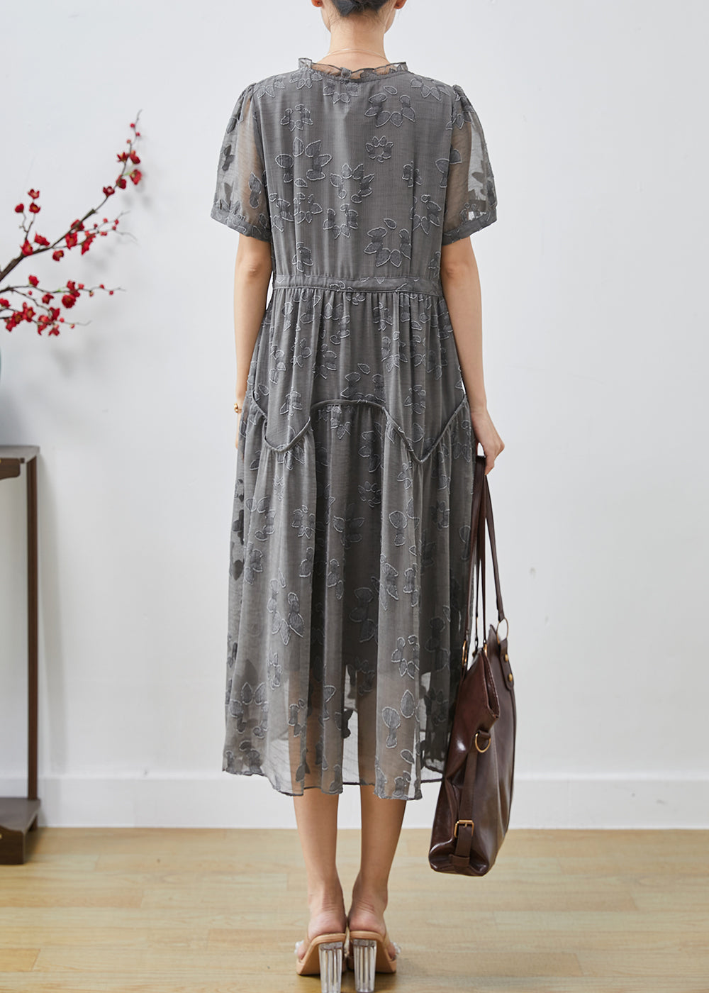 Grey Cinched Jacquard Chiffon Dress Summer