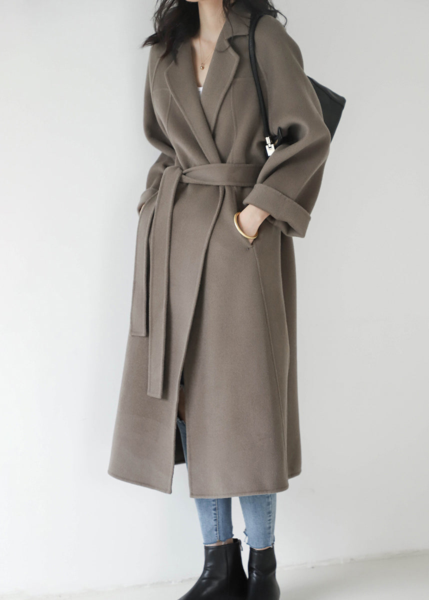 Grey Coffee Colour Notched Woolen Long Coats Fall