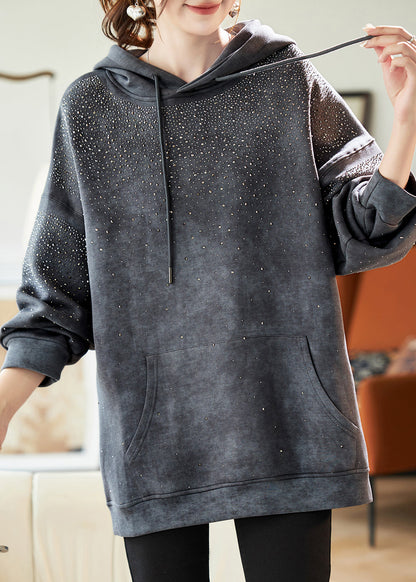Casual Grey Drawstring Zircon Pockets Hooded Sweatshirts Lantern Sleeve