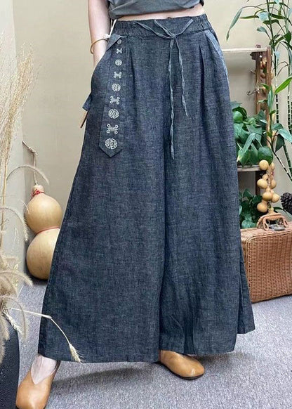 Grey Elastic Waist Drawstring Pockets Linen Wide Leg Pants Summer