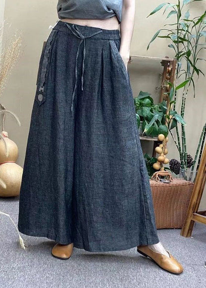 Grey Elastic Waist Drawstring Pockets Linen Wide Leg Pants Summer