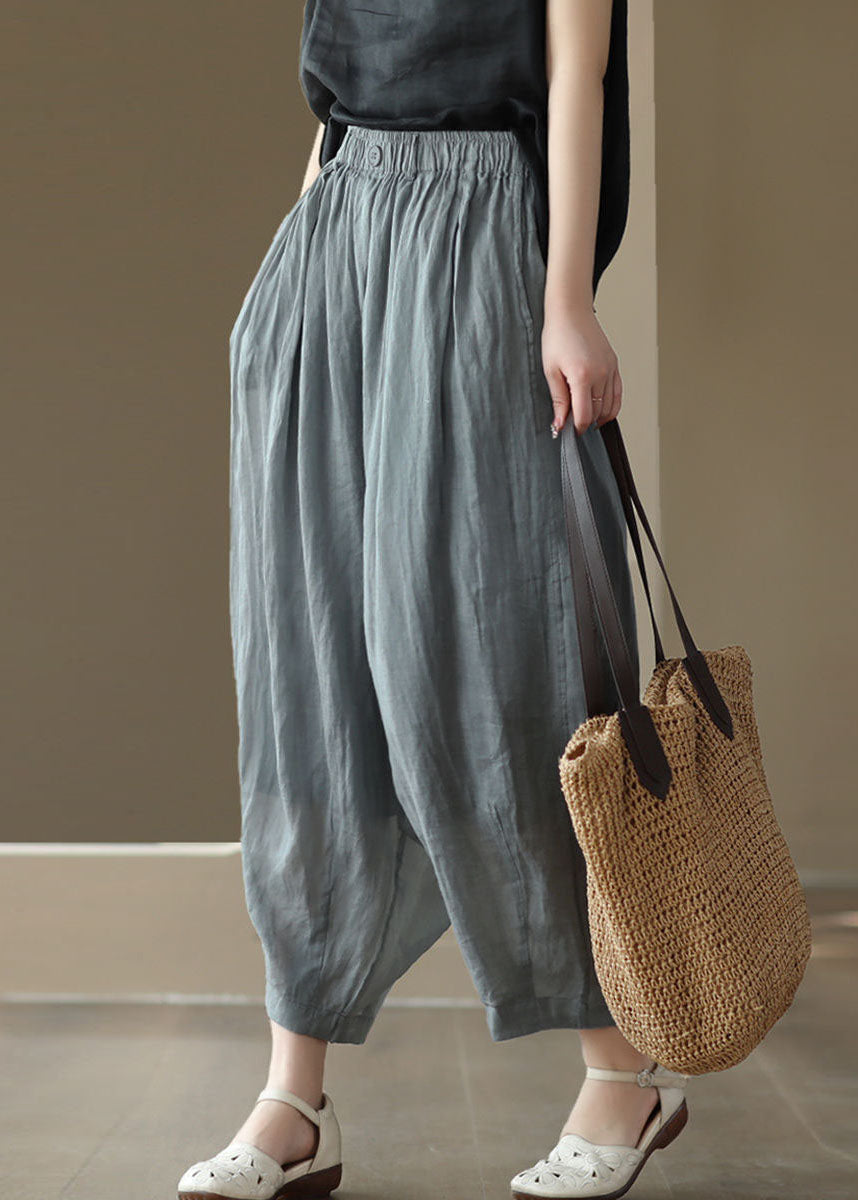 Grey Elastic Waist Pockets Patchwork Linen Lantern Pants Summer