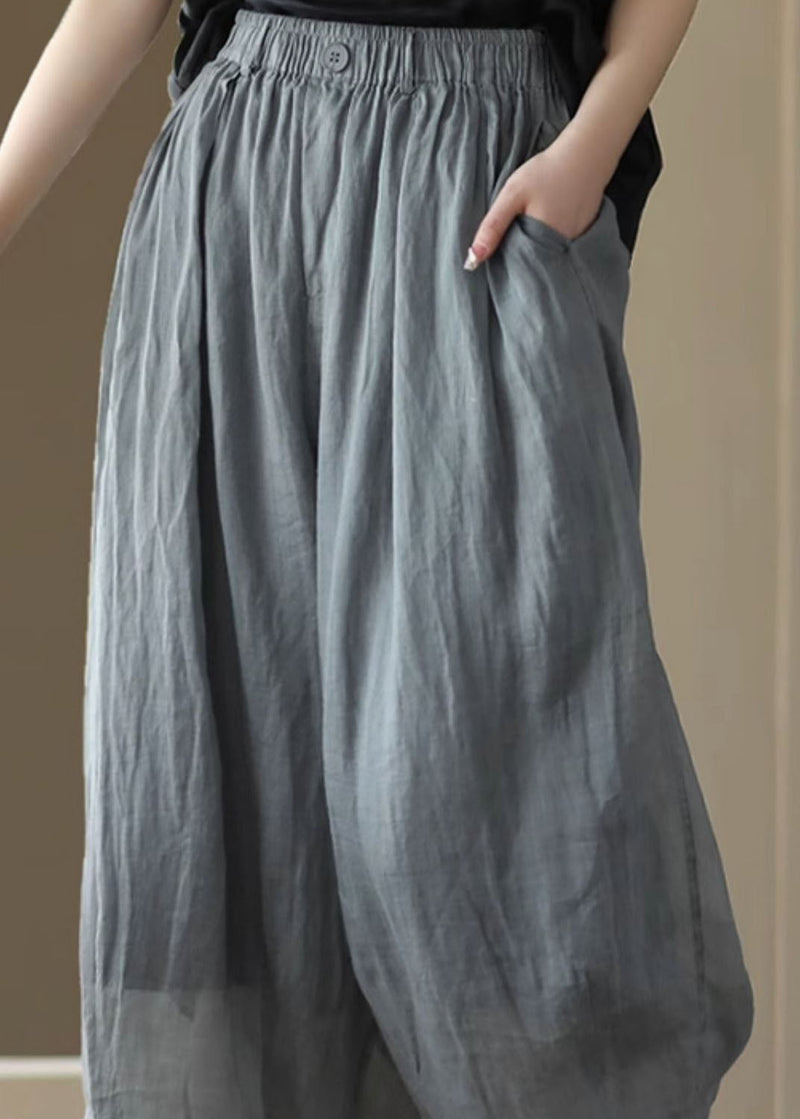 Grey Elastic Waist Pockets Patchwork Linen Lantern Pants Summer
