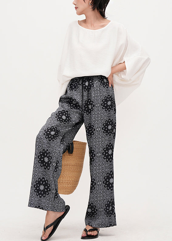 Grey Elastic Waist Print Cotton Straight Pants Summer